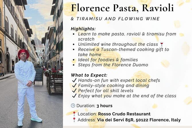 Florence: Ravioli & Pasta Class with Tiramisu and Unlimited Wine - The Itinerary in Detail