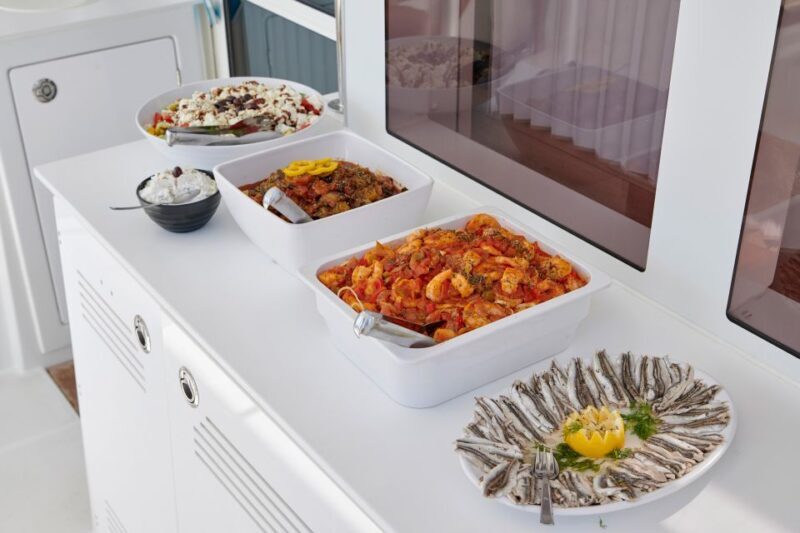 Santorini: Platinum Catamaran Cruise w/ BBQ Meal & Open Bar - Key Points