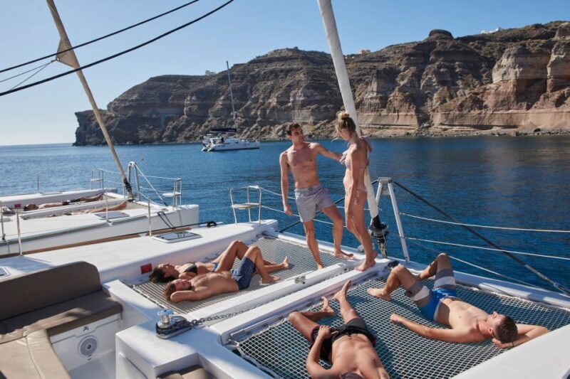 Santorini: Platinum Catamaran Cruise w/ BBQ Meal & Open Bar - FAQ